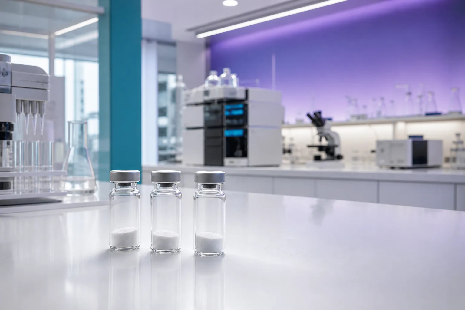 Research vials on a controlled laboratory workbench